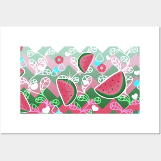 Watermelon Chevron Floral Pattern Posters and Art